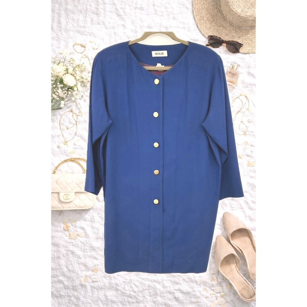 Wms‎ Vtg 80s Longline Tunic Jacket 14 Royal Blue Gold Buttons Minimalist Rouie